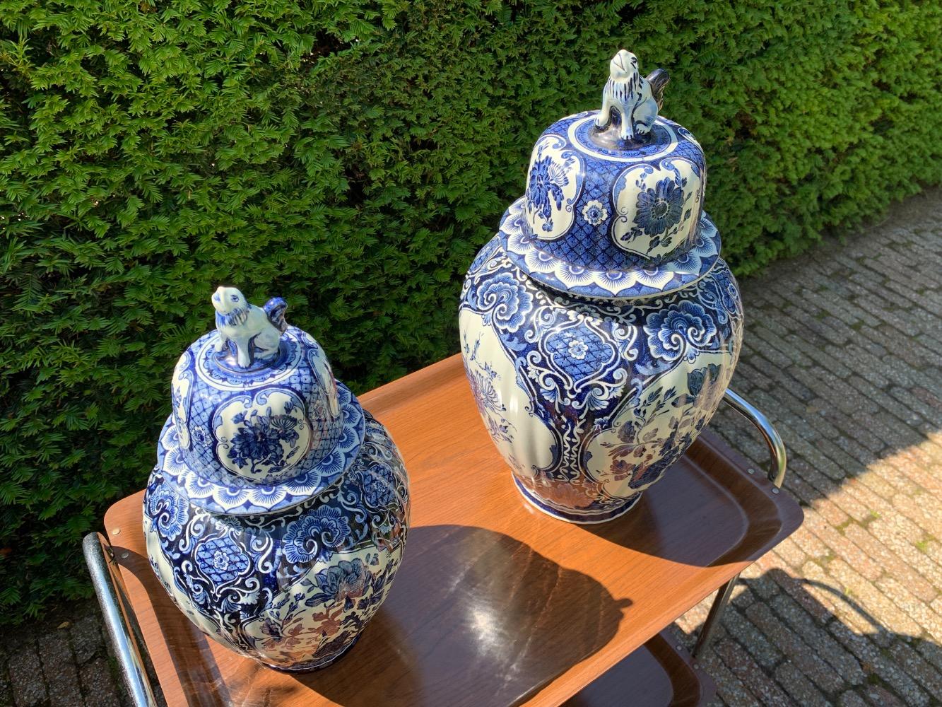 Delft style Pair of lidded pots